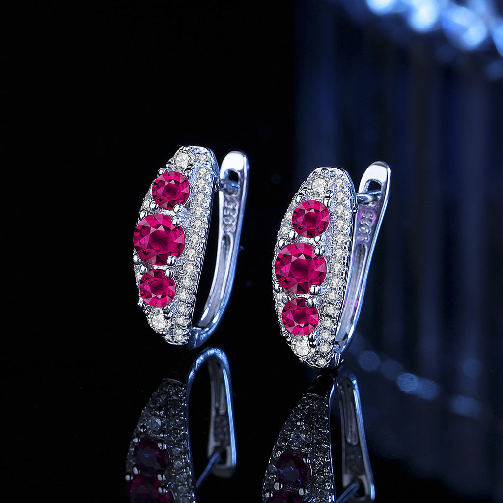 Earrings - Sterling Silver Hoop Earrings with Pigeon Blood Red Cubic Zirconia Stones