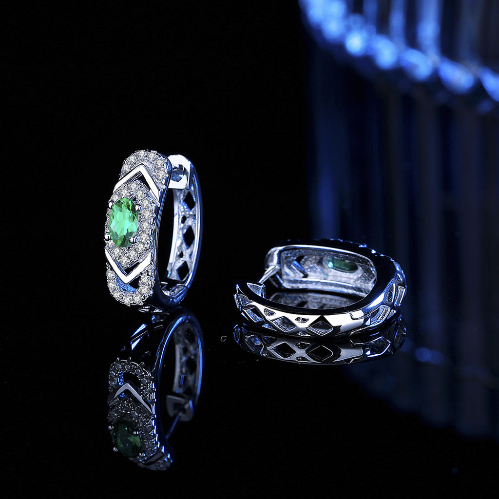 Earrings - Sterling Silver Oval Colorful Zirconia Hoop Earrings 3x5mm