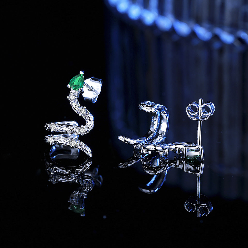 Earrings - Sterling Silver Snake Teardrop Stud Earrings with Colorful Zirconia Stones
