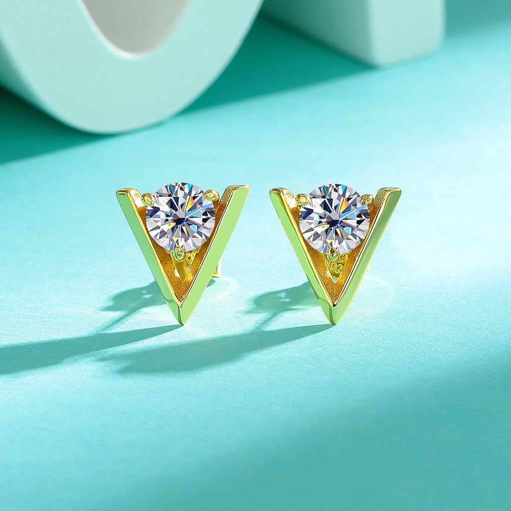 Earrings - Sterling Silver Triangle Moissanite Stud Earrings Geometric Minimalist Design