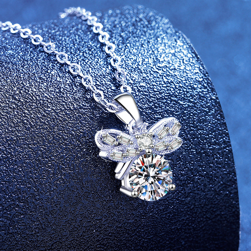 Necklace Sterling Silver Moissanite Bow Knot Pendant with Delicate Chain Elegant Fashion Jewelry