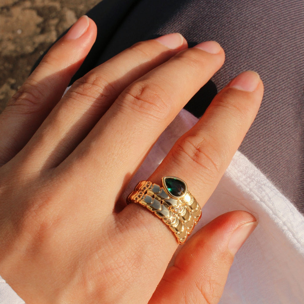 Green and Burgundy Snake Design Ring with Emerald Cut Gemstones
