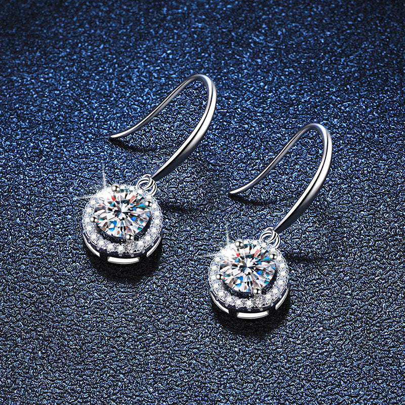 Elegant Sterling Silver Halo Drop Earrings with Round Moissanite Stone and Hook Closure