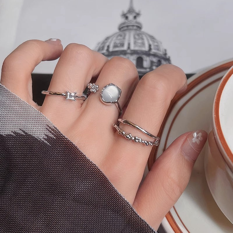 Geometric Cat's Eye Stone Ring Set for Women - Minimalist Stackable Adjustable Open Rings