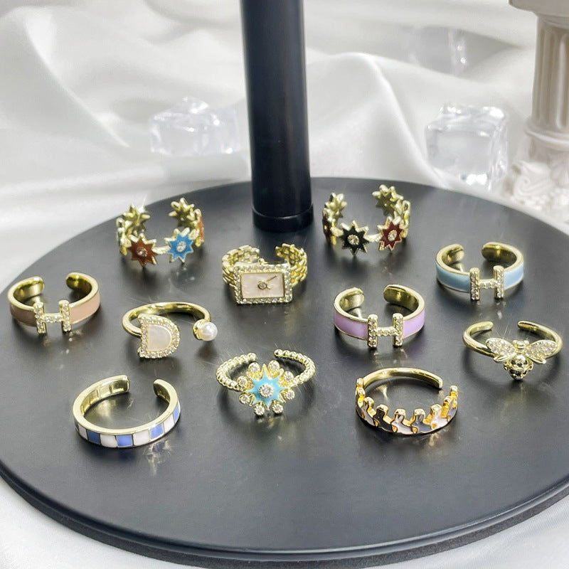 Stackable Gold Letter Enamel Open Ring Set for Women - Minimalist Chic Design