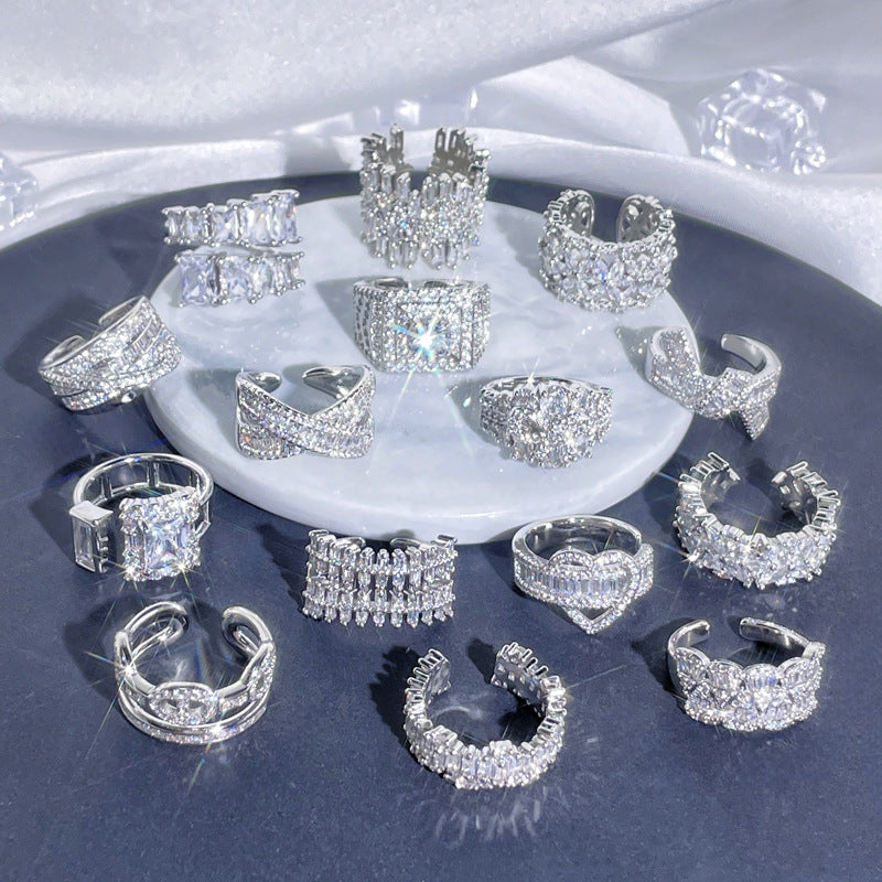 French Luxury Open Ring with Full Pavé Zircon Stones for Women - Geometric Style Statement Piece