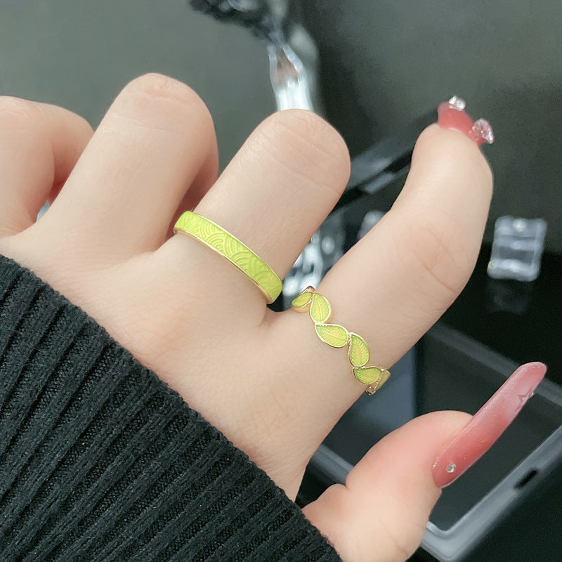 Enamel Drip Irregular Leaf Ring - Minimalist New Chinese Style Open Adjustable Statement Ring
