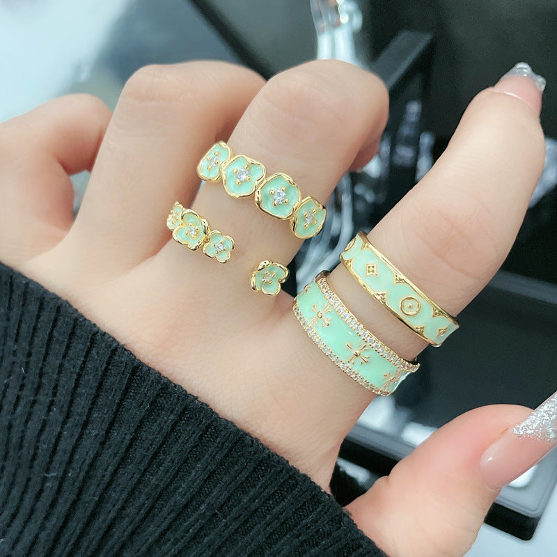Geometric Mint Green Floral Open Ring with Zircon Accents - French Light Luxury Style