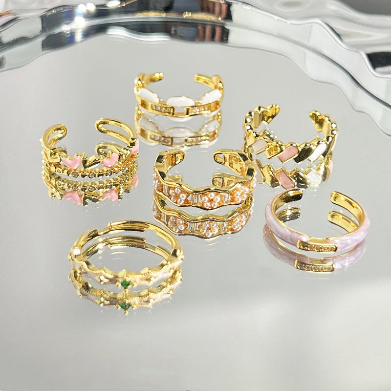 Enamel Drip Heart Ring - Elegant Palace Style Adjustable Geometric Statement Finger Ring for Women
