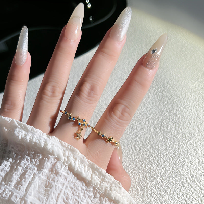 Star Drop Blue Tassel Open Ring - Geometric Asymmetrical Design with Zircon Accents