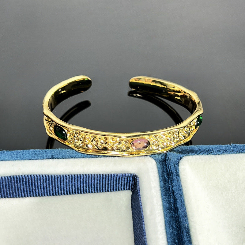 Vintage Textured Gemstone Inlaid Wide Cuff Bracelet - Elegant and Edgy Fashion Statement