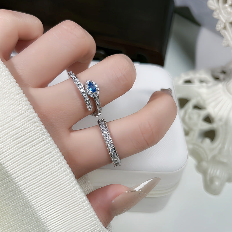 Snake-Inspired Blue Zircon Adjustable Open Ring for Women - Minimalist Geometric Design