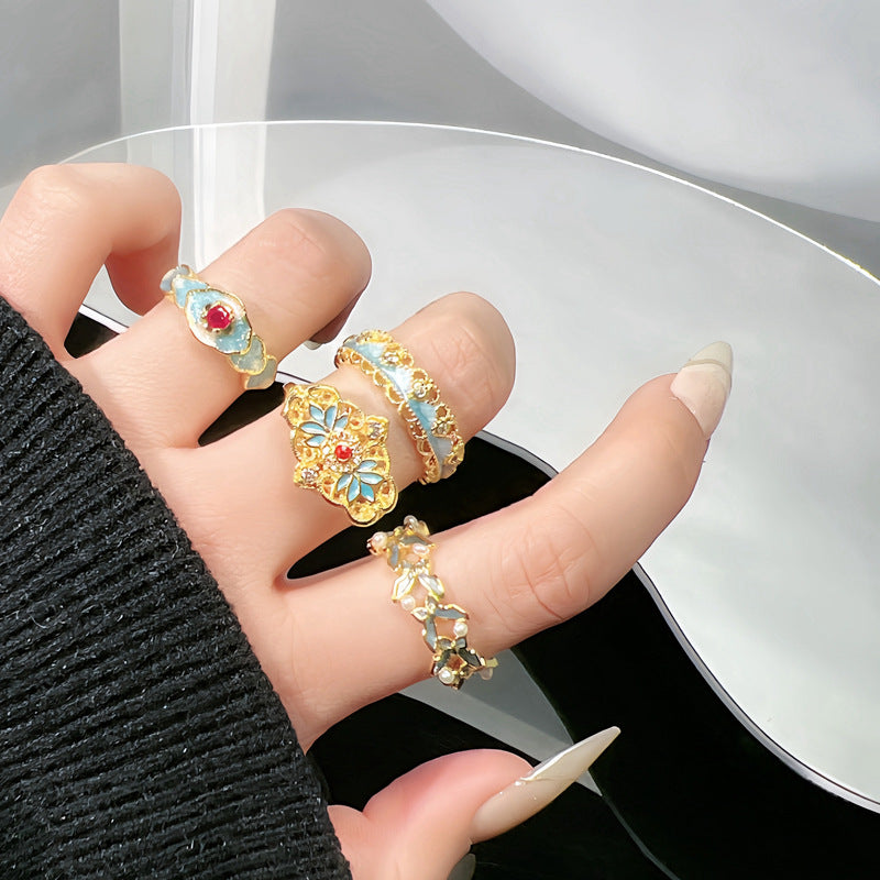 Ring - Exquisite Openwork Enamel Floral Statement Finger Ring in New Chinese Style