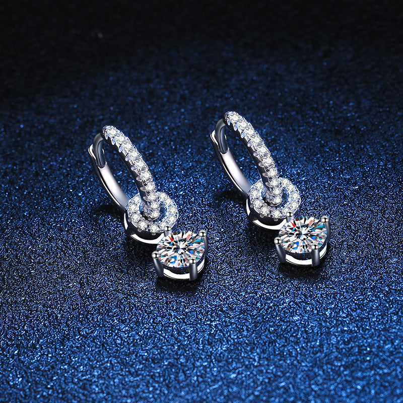 Earrings Sterling Silver Moissanite Drop Hoop Earrings with Circular Pave Design