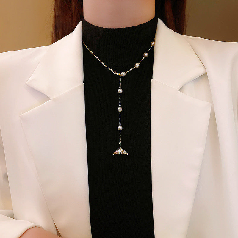 Adjustable Mermaid Tail Pearl Stainless Steel Necklace for Women - Elegant & Trendy Layering Piece
