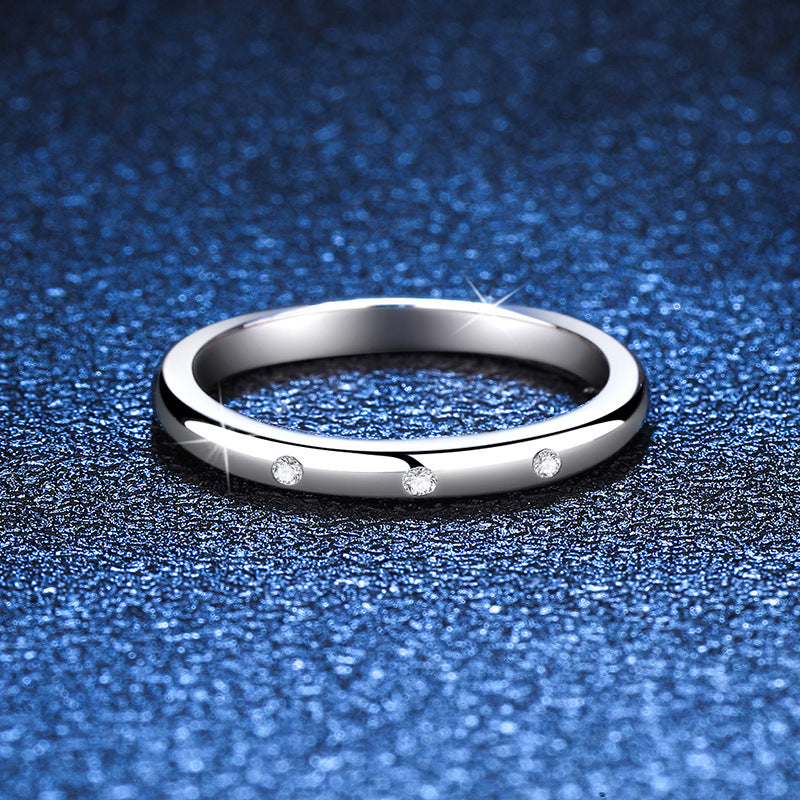 Ring Sterling Silver Three Stone Moissanite Band with Platinum Plating Minimalist Design