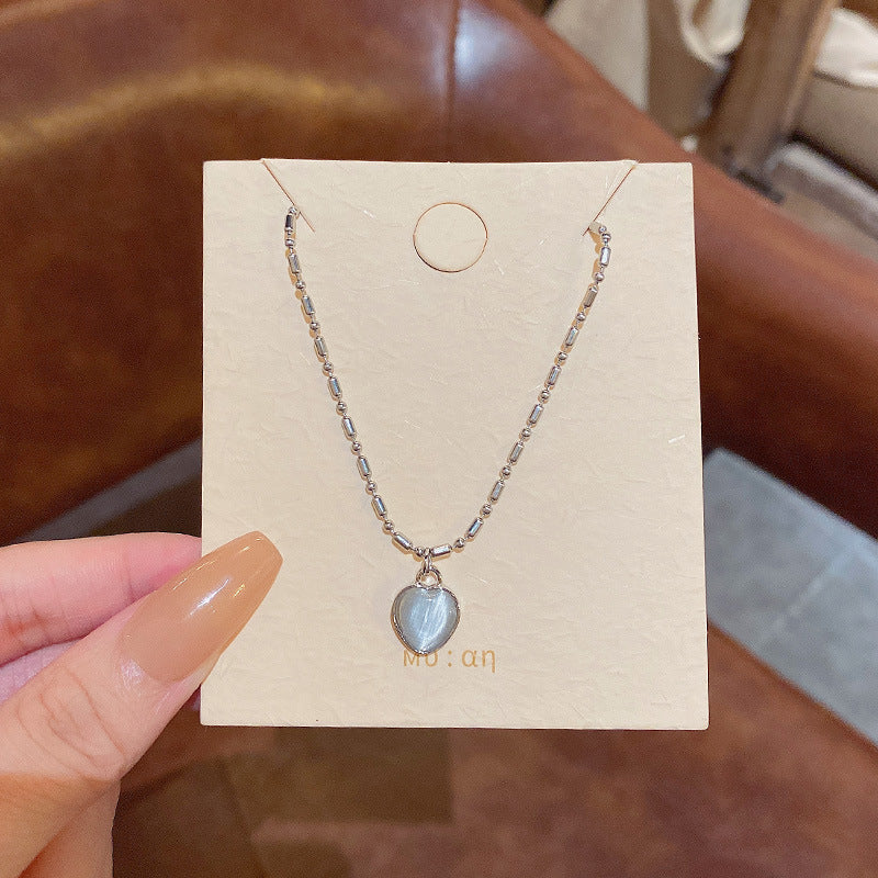 Cat's Eye Heart Pendant Necklace for Women - Silver Tone Layering Chain with Geometric Design