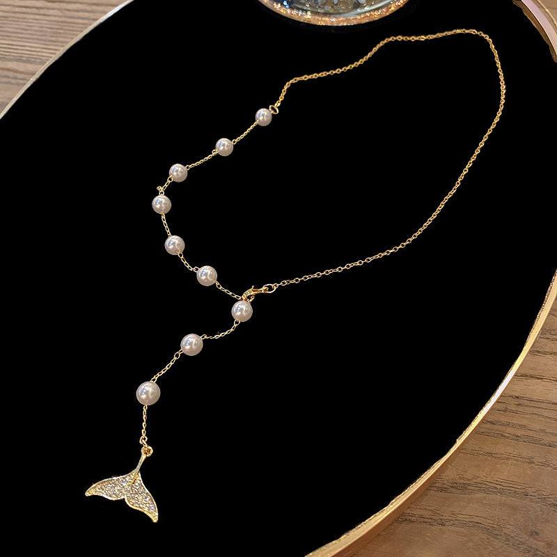 Long Mermaid Tail Pearl Necklace with Fringe Pendant for Women, Gold Tone Geometric Design