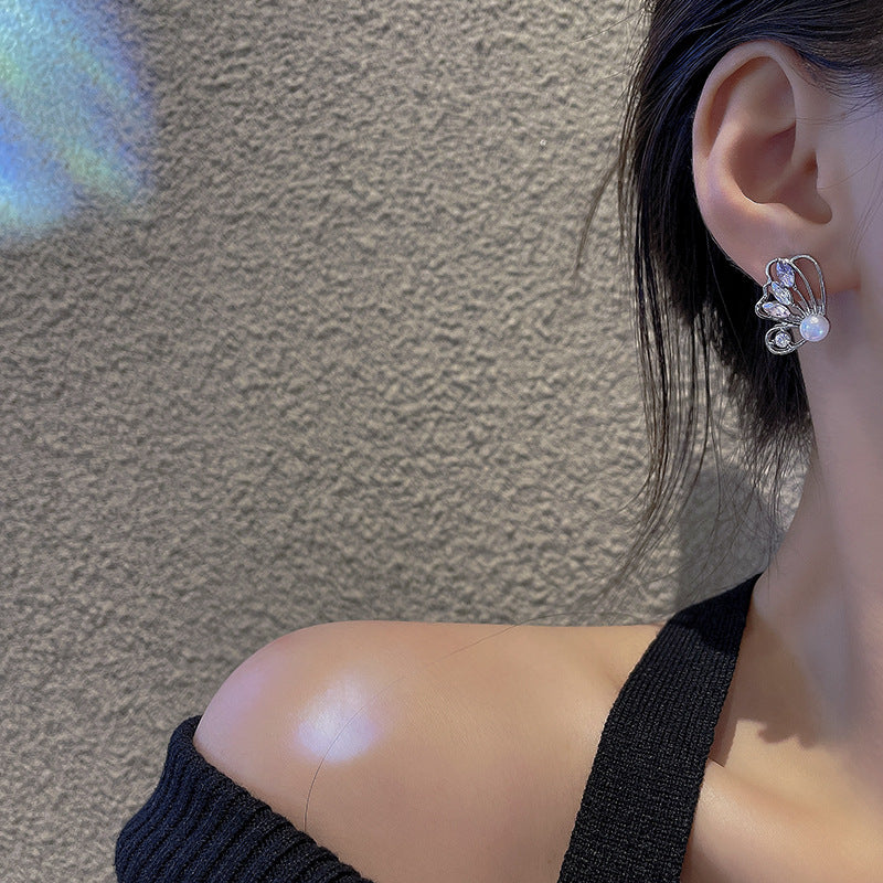 Butterfly Pearl Stud Earrings with Colorful Zirconia and S925 Silver Needles