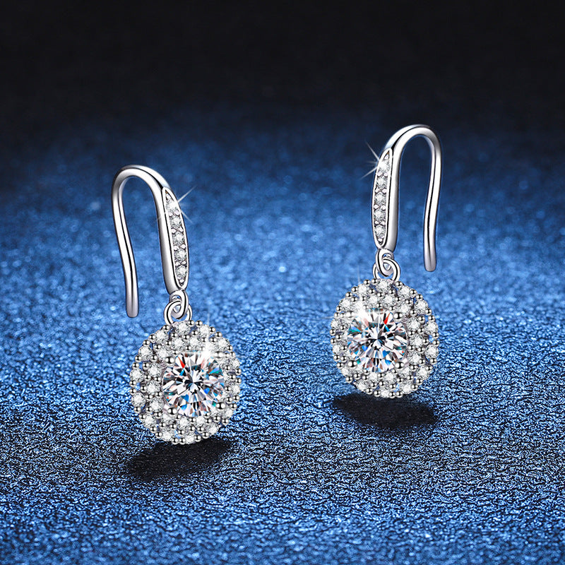 Earrings Sterling Silver Platinum Plated Moissanite Halo Drop Earrings with Brilliant D Color Stones