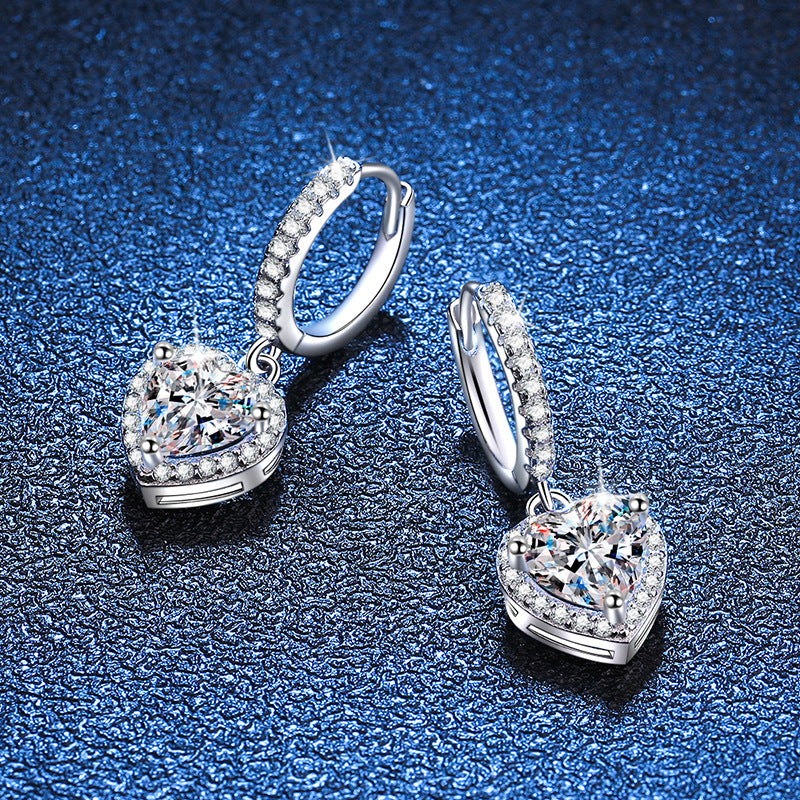 Earrings Sterling Silver Heart-Shaped Moissanite Drop Earrings with Platinum Plating and Halo Design