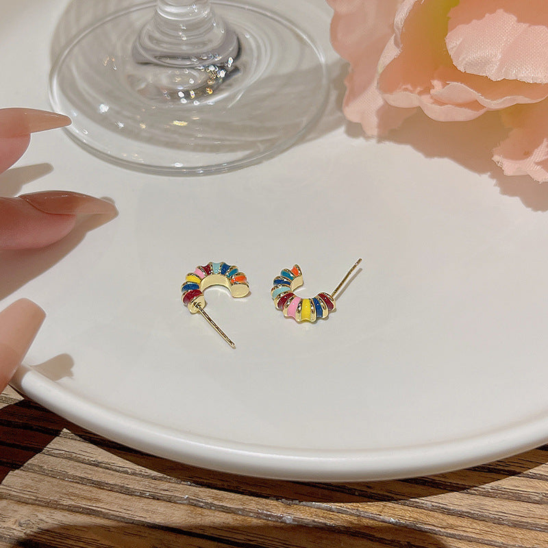 Geometric Enamel Stud Earrings with S925 Silver Needles for Women