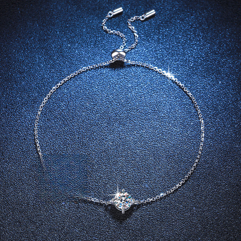 Bracelet Sterling Silver Four Prong Moissanite Solitaire Adjustable Chain Bracelet