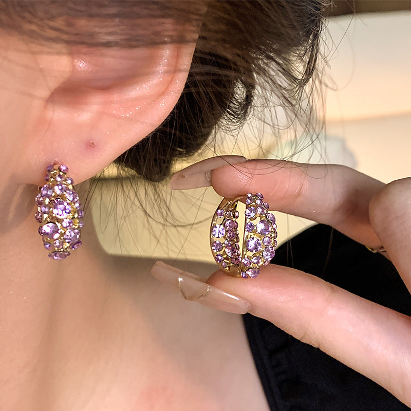 Geometric Purple Crystal Stud Earrings with Light Luxury Style