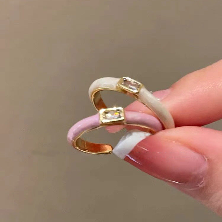 Adjustable Geometric Enamel Ring with Square Accent for Women