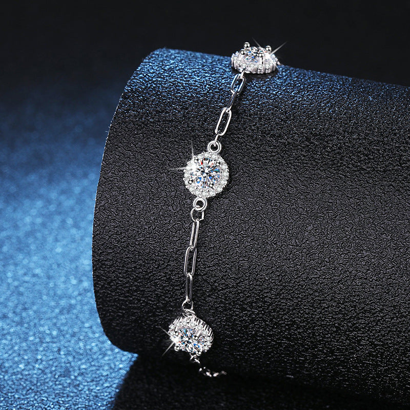 Bracelet Sterling Silver Moissanite Chain with Round Halo Settings and Adjustable Clasp