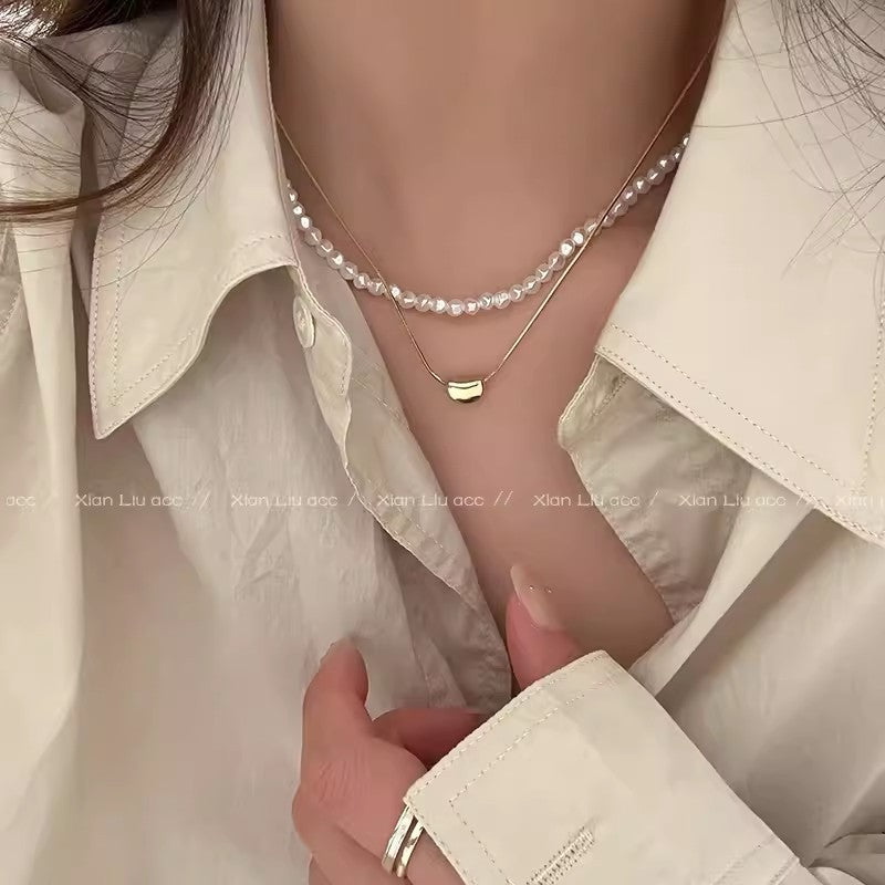 Layered Pearl Necklace with Minimalist Geometric Pendant for Women