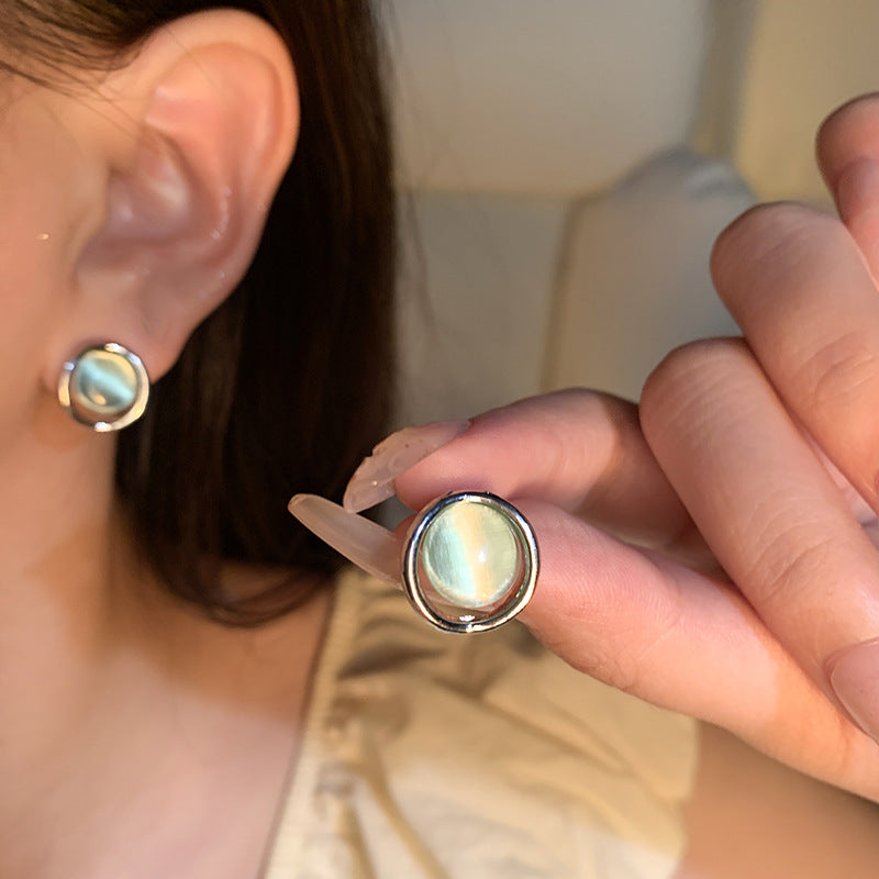 Geometric Green Cat's Eye Stud Earrings for Women - Minimalist Silver Tone Jewelry