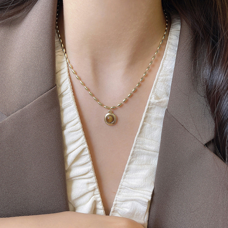 Women's Minimalist Tiger Eye Beaded Necklace with Gold-Toned Geometric Pendant