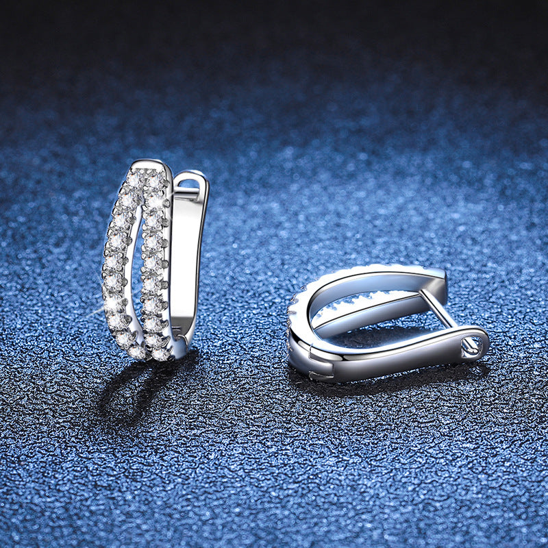 Elegant Crossover Moissanite Stud Earrings Sterling Silver Double Row Sparkling Hoop Design