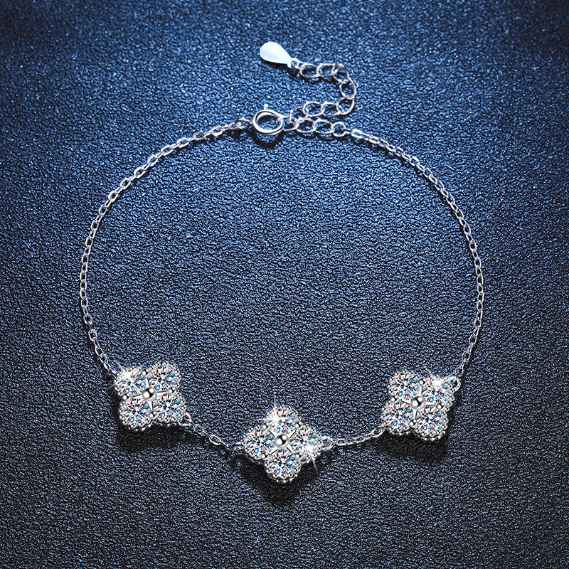 Bracelet Luxury Four Leaf Clover Sterling Silver Chain with Moissanite Stones Adjustable