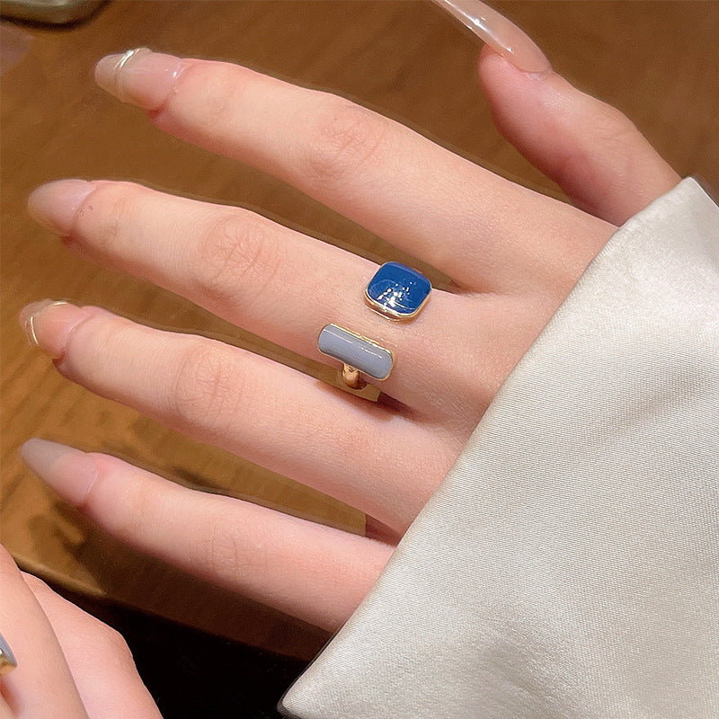 Vintage Blue Enamel Adjustable Geometric Ring for Women