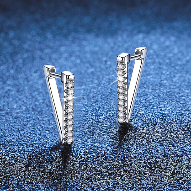 Earrings - Sterling Silver V-Shaped Moissanite Stud Earrings with Pave Setting