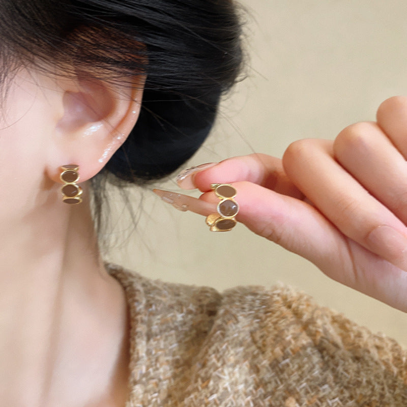 Vintage French-Inspired C-Shaped Earrings in Warm Brown Tone