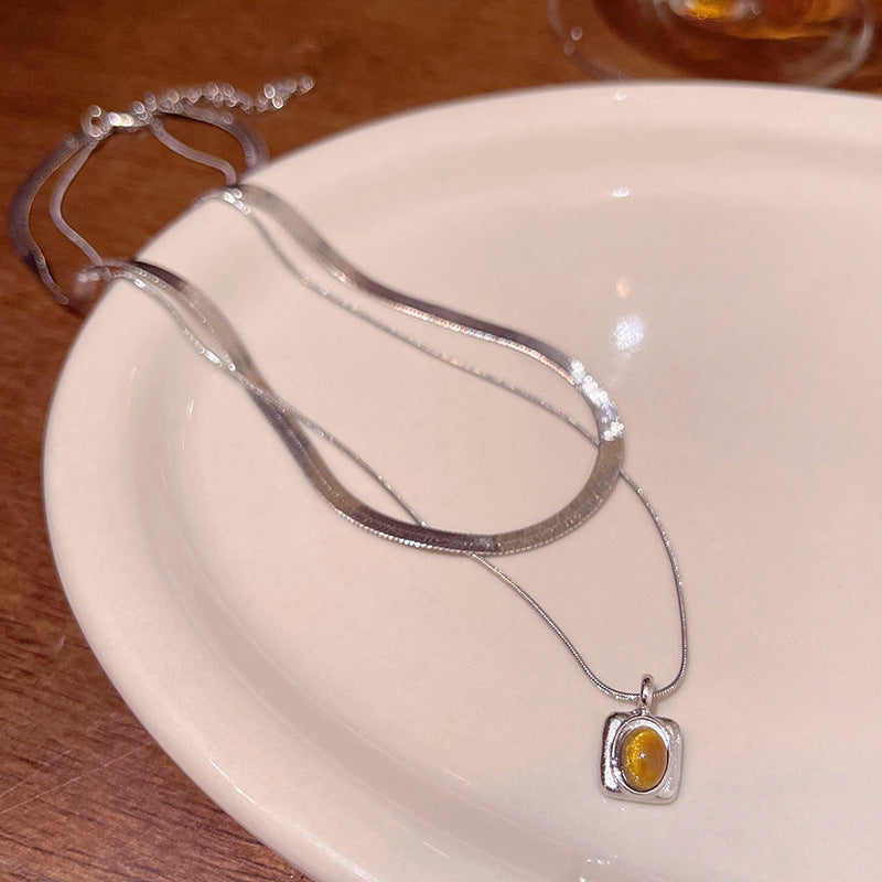 Layered Double Chain Tiger Eye Pendant Necklace for Women - Minimalist Geometric Design