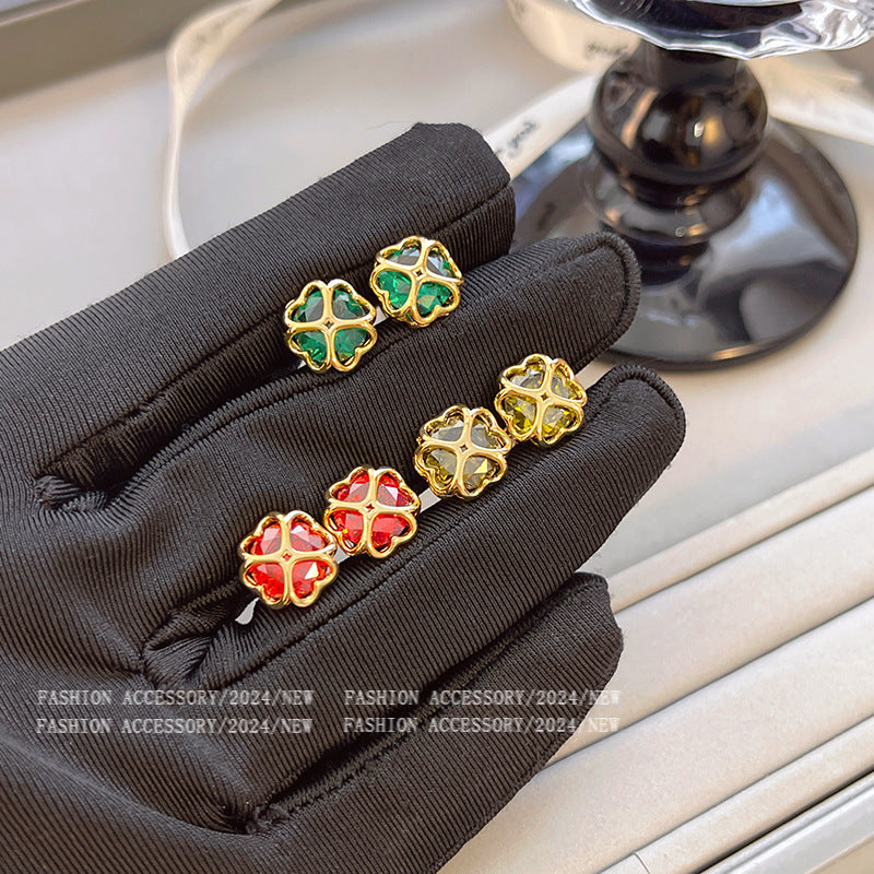 Earrings with Gold-Plated Colored Flower Design and 5A Zirconia Heart-Shaped Studs for Women