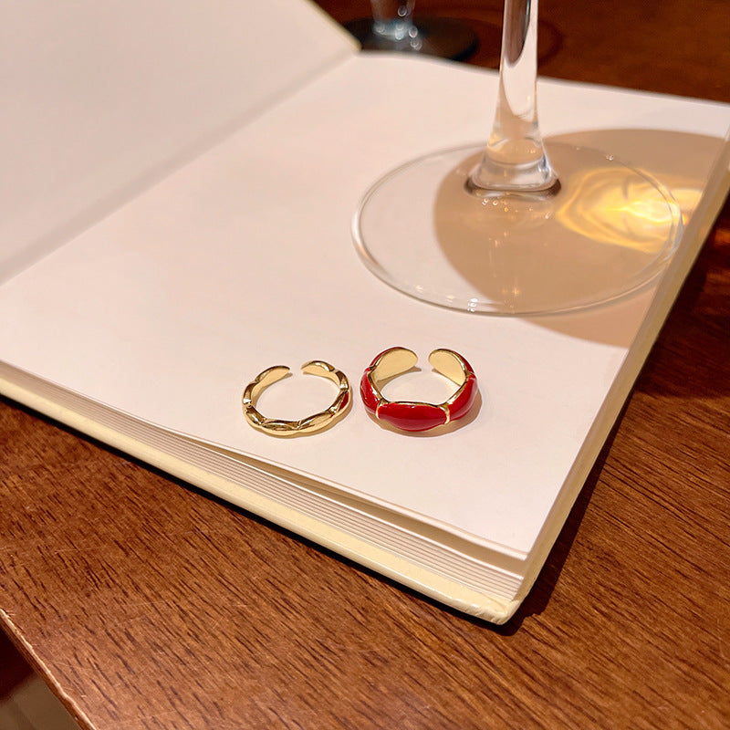 Adjustable Red Enamel Geometric Ring for Women - Vintage Minimalist Style