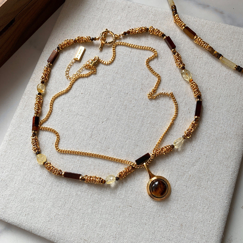 Layered Beaded Necklace with Natural Tiger Eye Stone Pendant for Women