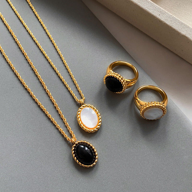 French Retro Black Onyx Pendant Necklace with Mother-of-Pearl Earrings and Ring Set