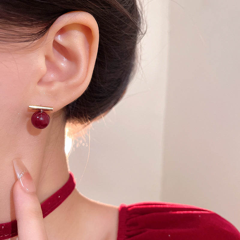 Minimalist Red Pearl Stud Earrings for Women, Geometric Design, Fashionable and Versatile