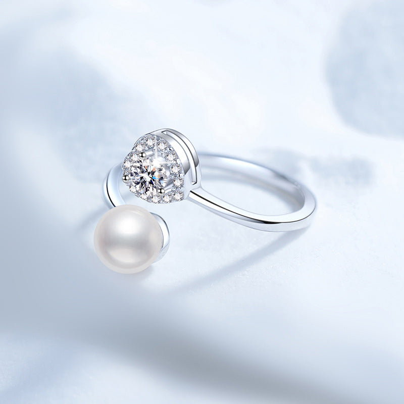 Ring Sterling Silver Heart-Shaped Moissanite and Freshwater Pearl Adjustable Open Band