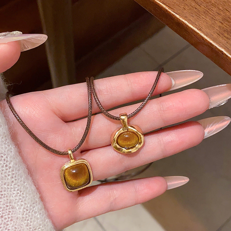 Tiger Eye Stone Necklace with Adjustable Leather Cord for Women, Minimalist Geometric Design