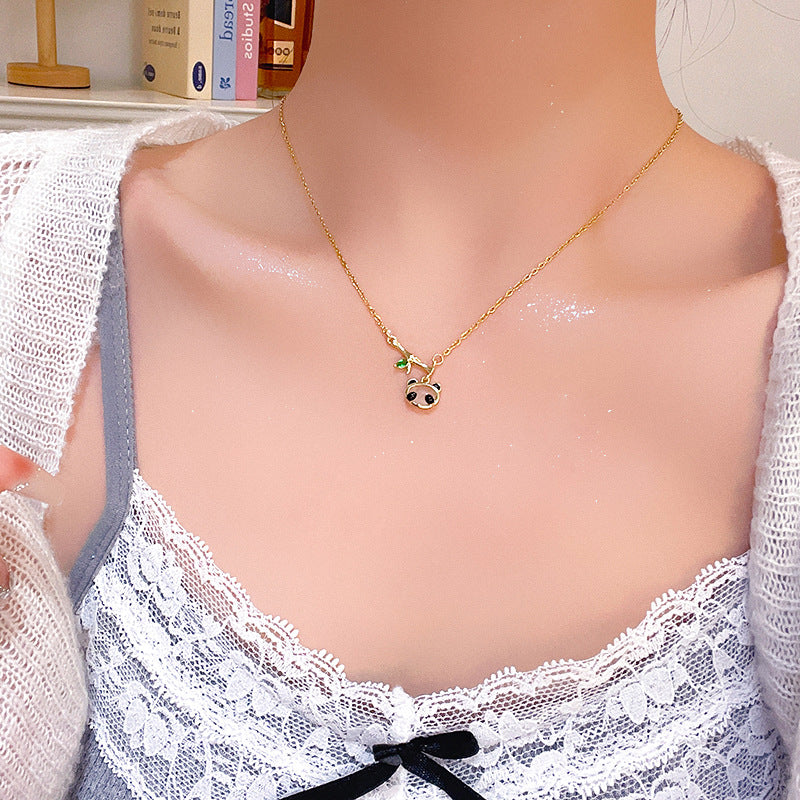 Panda Bamboo Pendant Necklace with Geometric Design in Gold Tone