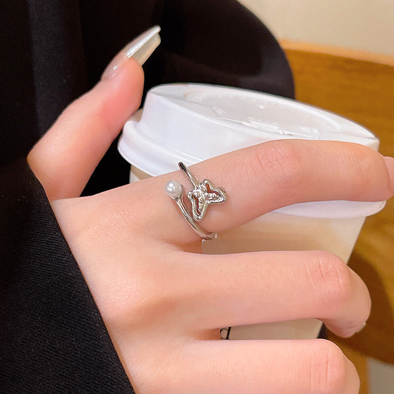 Adjustable Open Butterfly Ring with Pearl Accent for Women