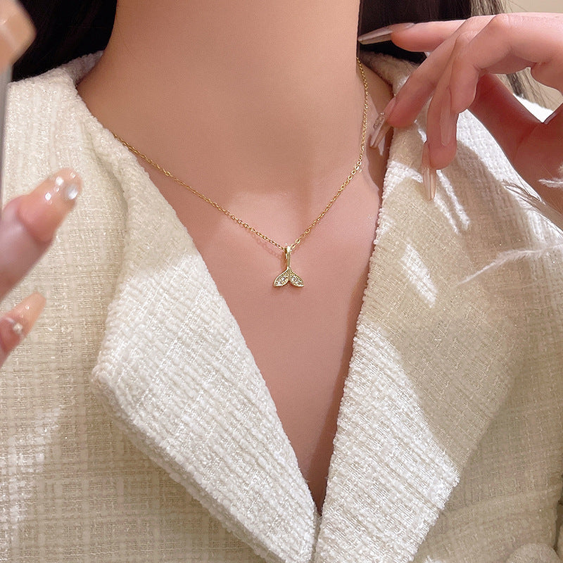 Mermaid Tail Pendant Necklace with Micro-Pave Zirconia in Gold Tone