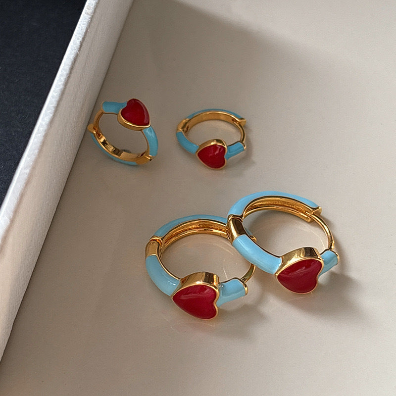 Summer Fresh Enamel Red Heart Clip-On Earrings for Women - Minimalist French Retro Style